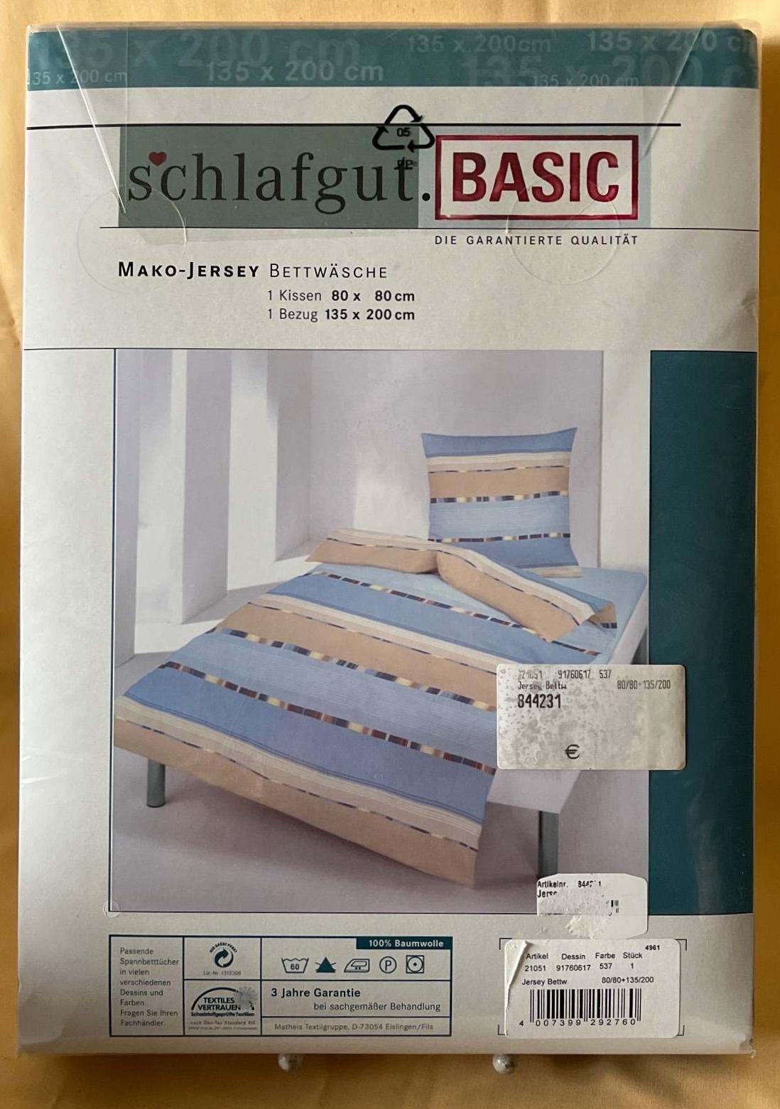 Bettwäscheset, Schlafgut Basic, Mako-Jersey 135x200 + 80x80 blau Streifen NEU