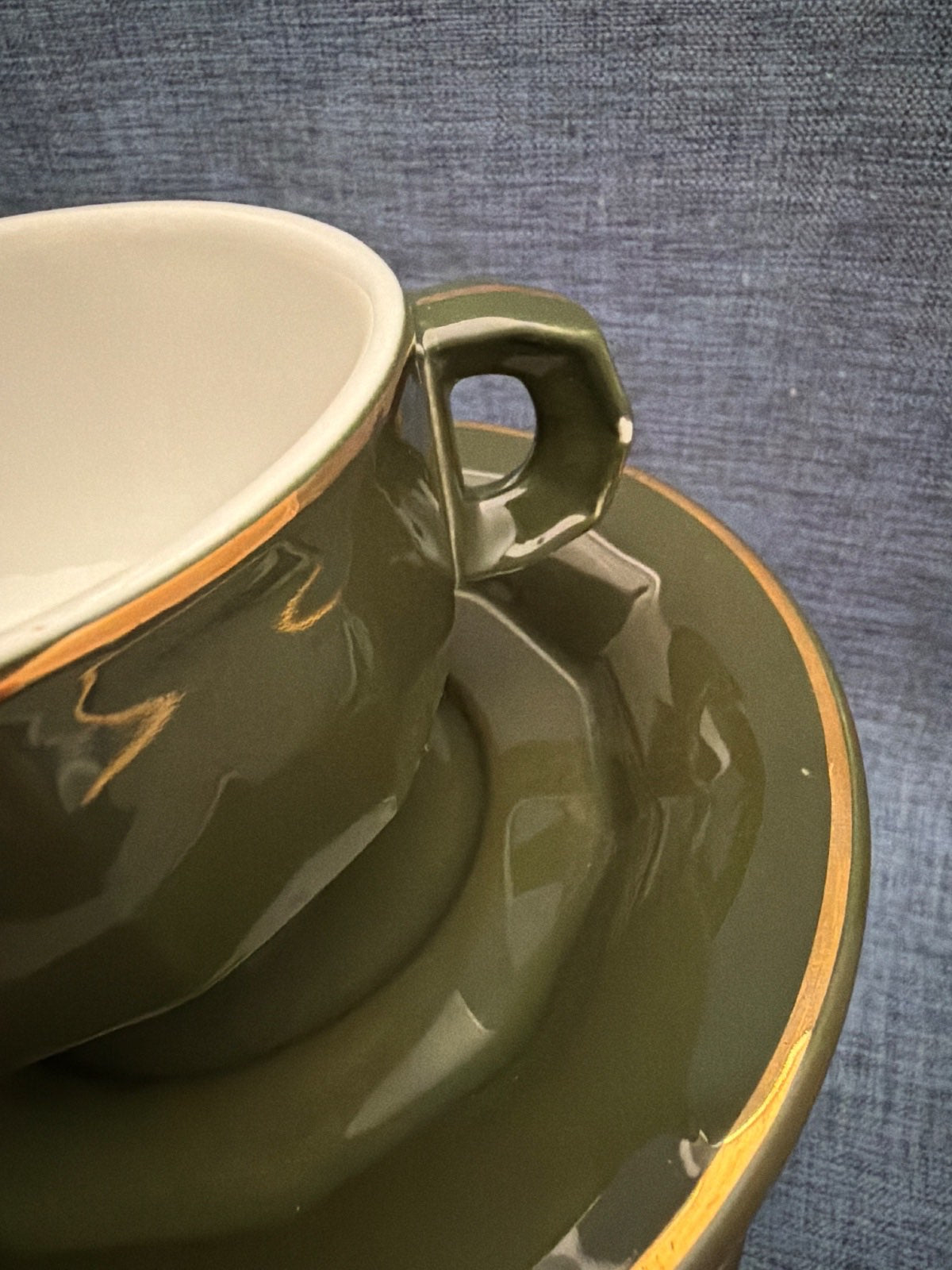 Pillivuyt France Kaffeetassen Set 4 Tassen + 4 Untertassen Porzellan Grün Gold