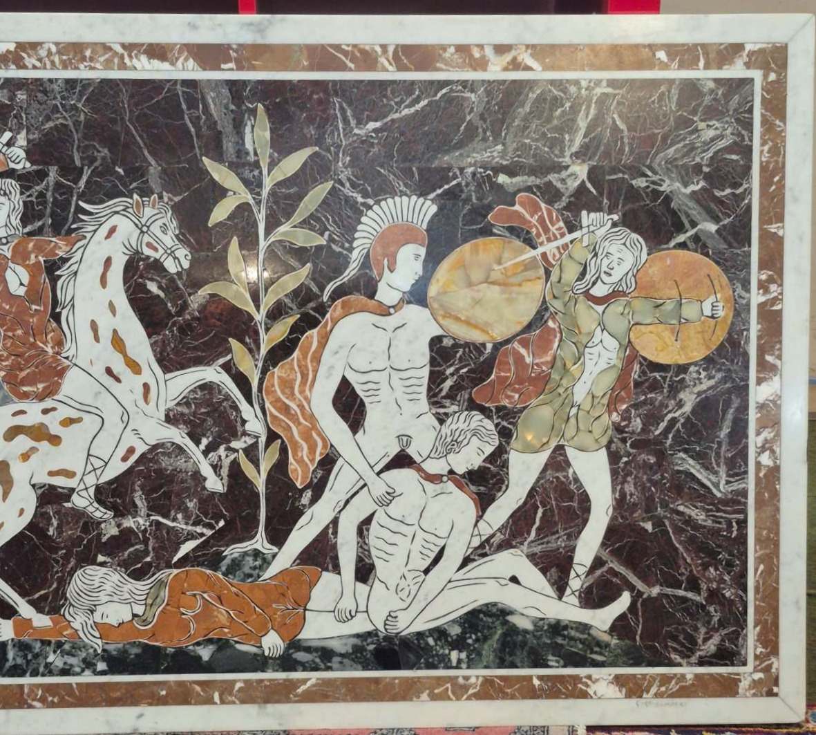 Marmor Intarsien Platte Antike Krieger Mythologie Tischplatte ca 120x 69 cm