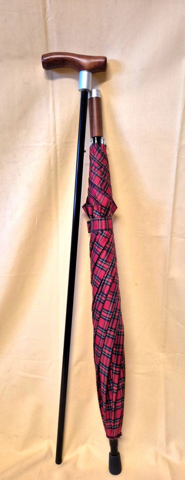 Gehstock mit Regenschirm Royal Tartan Holzgriff Schirm 2in1 Spazierstock rot