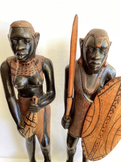 Afrikanische Holzfiguren Paar Massai Krieger & Frau handgeschnitzt Ebenholz 59cm