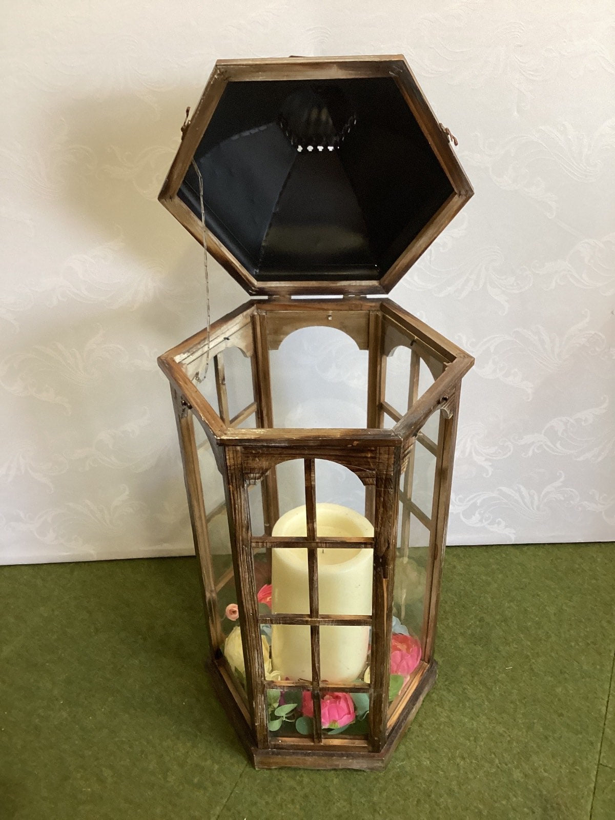 Große Deko-Laterne Holz Metall schwarz Vintage Kerzenlaterne Windlicht Blumen 1m
