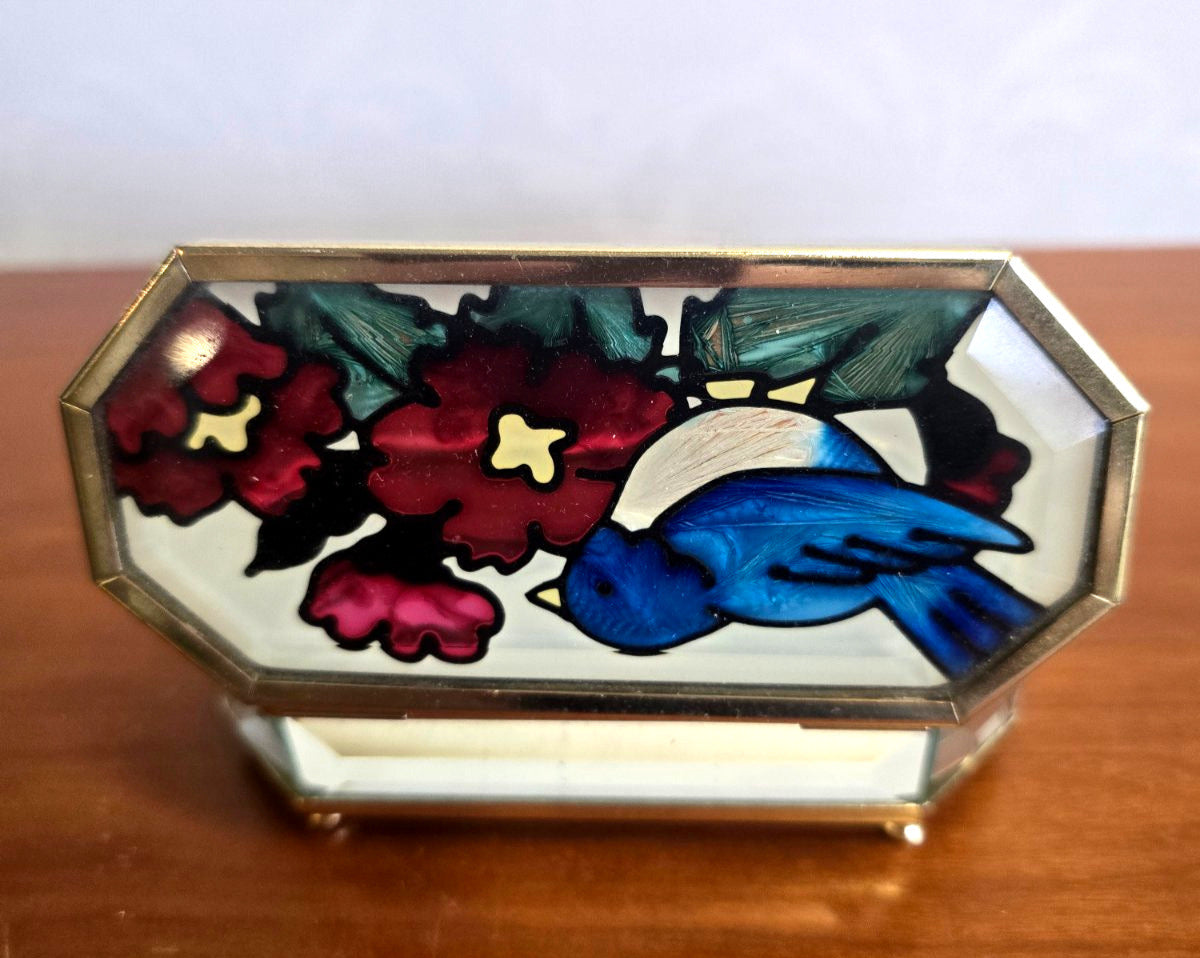 Schmuckdose Glas Messing Bleiverglasung Bluebird Blumen Spiegelboden Vintage