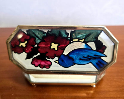 Schmuckdose Glas Messing Bleiverglasung Bluebird Blumen Spiegelboden Vintage