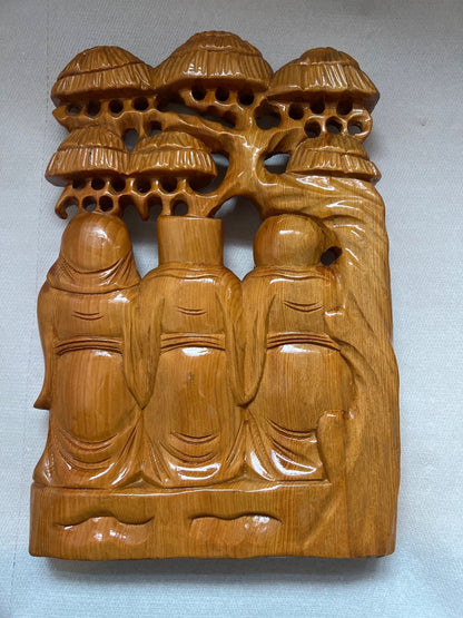 Holzschnitzerei Drei Glücksgötter Fu, Lu, Shou, asiatisch, Vintage Skulptur