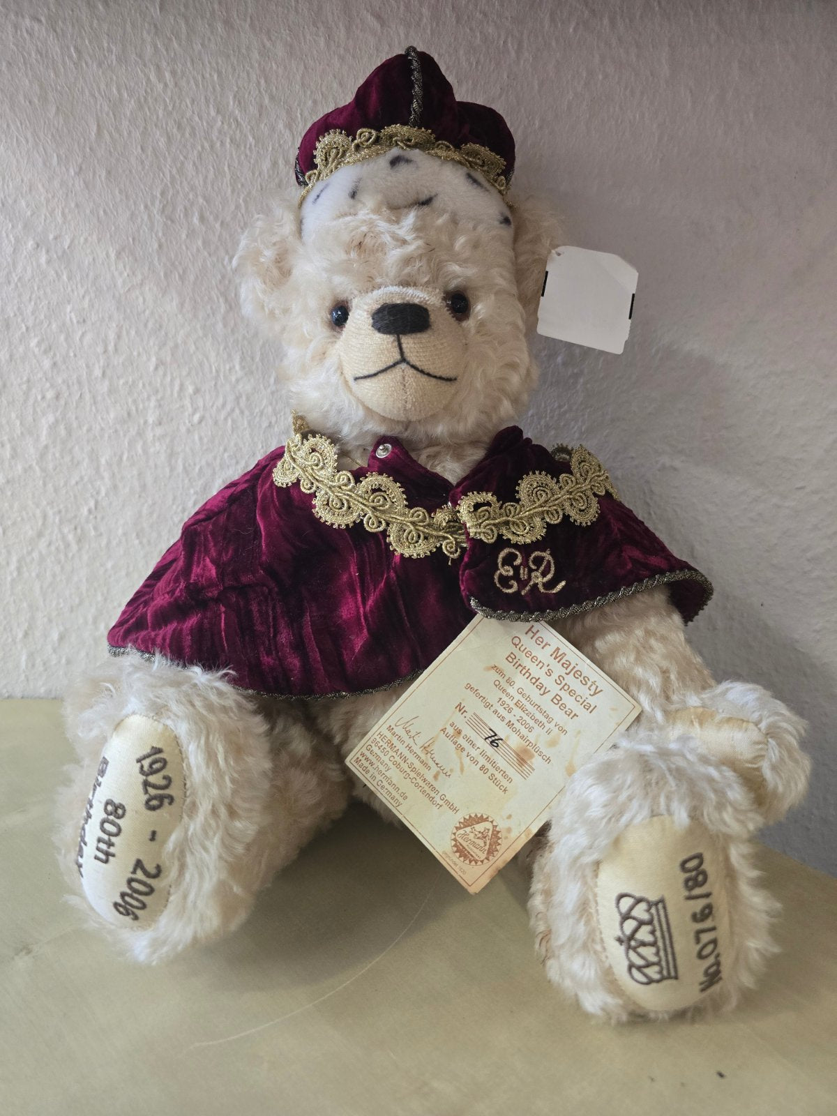 Hermann Teddybär Her Majesty Queen's Birthday Bear Mohair limitiert Nr.76/80