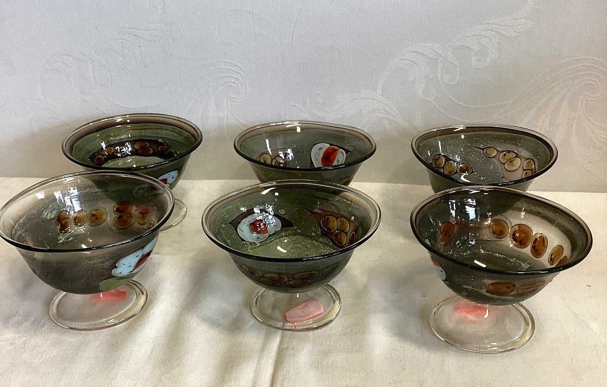 6x Eisschalen Dessertschalen Glas Fuß Murrine Dekor grün bunt Vintage Set