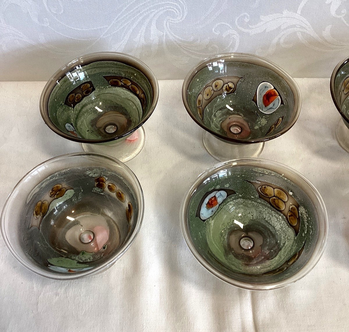 6x Eisschalen Dessertschalen Glas Fuß Murrine Dekor grün bunt Vintage Set