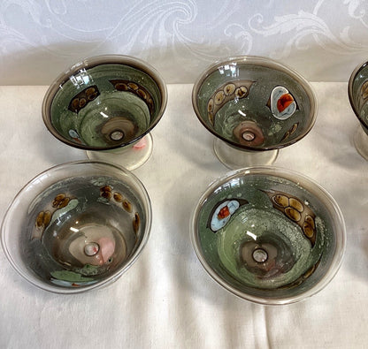 6x Eisschalen Dessertschalen Glas Fuß Murrine Dekor grün bunt Vintage Set