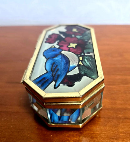 Schmuckdose Glas Messing Bleiverglasung Bluebird Blumen Spiegelboden Vintage