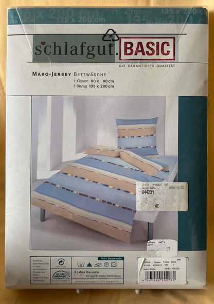 Bettwäscheset, Schlafgut Basic, Mako-Jersey 135x200 + 80x80 blau Streifen NEU