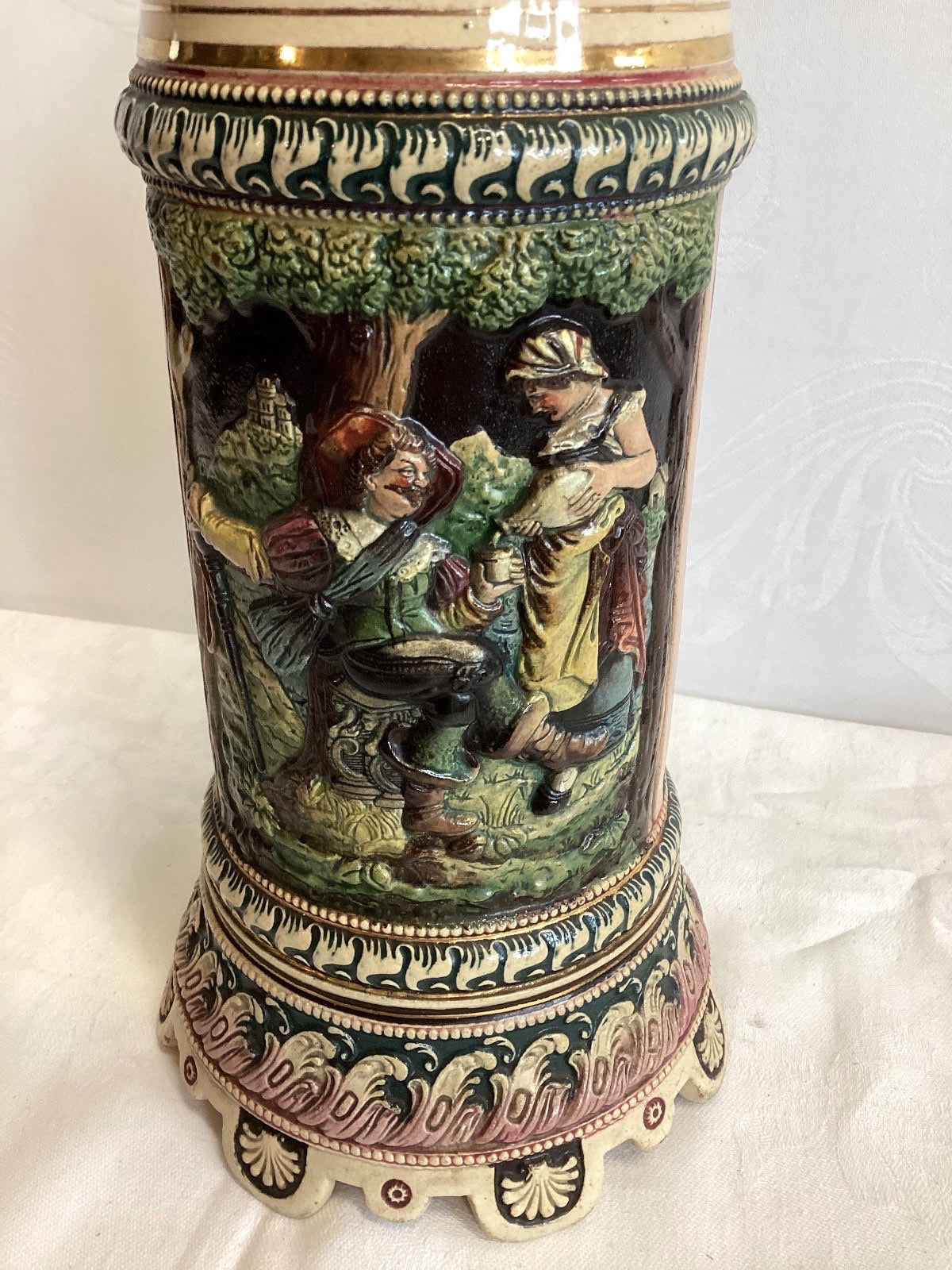 Antiker Keramik Bierkrug Zinndeckel Relief Historismus Mein Lieb sei rar Sammler