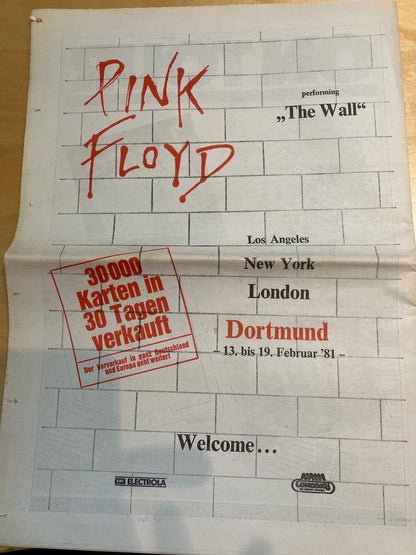 Concert Journal 12/1980 Pink Floyd The Wall Tour Dortmund Rarität Vintage