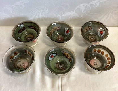 6x Eisschalen Dessertschalen Glas Fuß Murrine Dekor grün bunt Vintage Set