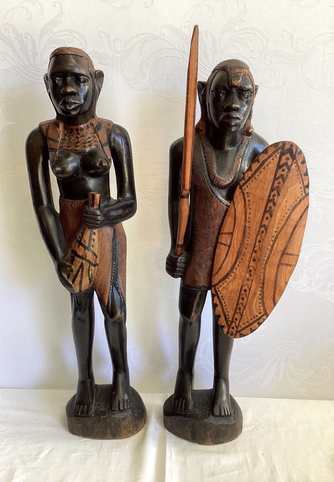 Afrikanische Holzfiguren Paar Massai Krieger & Frau handgeschnitzt Ebenholz 59cm