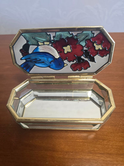 Schmuckdose Glas Messing Bleiverglasung Bluebird Blumen Spiegelboden Vintage