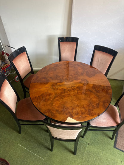 Esstisch rund Wurzelholz + 6 Stühle schwarz Velours rosa Esszimmer-Set
