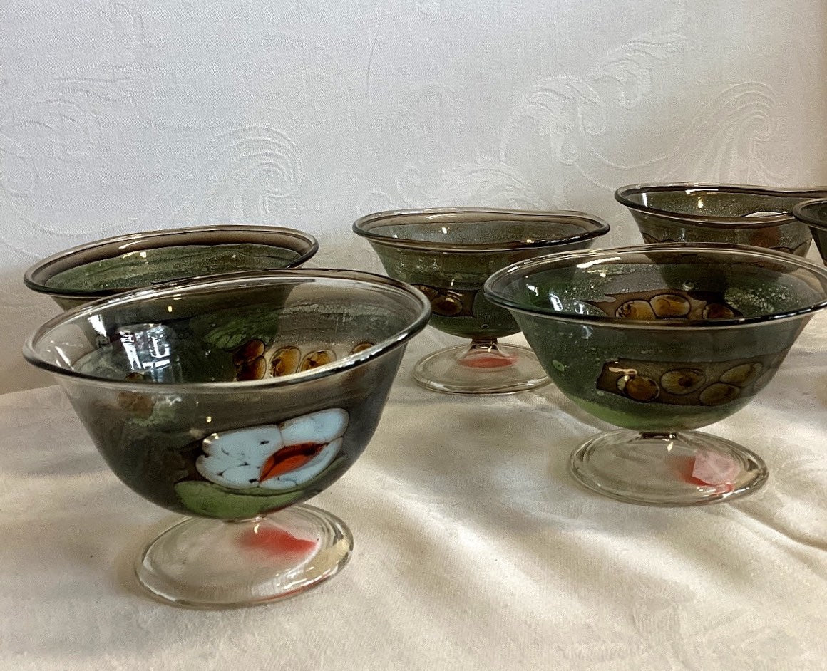 6x Eisschalen Dessertschalen Glas Fuß Murrine Dekor grün bunt Vintage Set