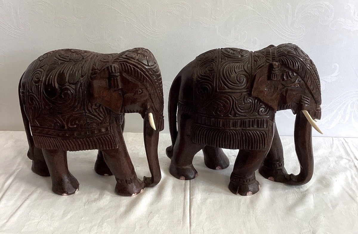 2x Holzelefant Figur handgeschnitzt Skulptur Asien Vintage Deko Paar Höhe 26 cm