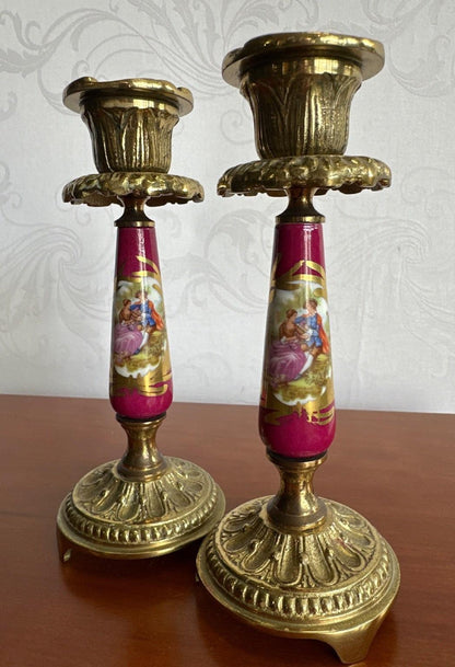 2 Kerzenleuchter Messing Porzellan Rokoko-Stil handgemalt Golddekor 16,5 cm