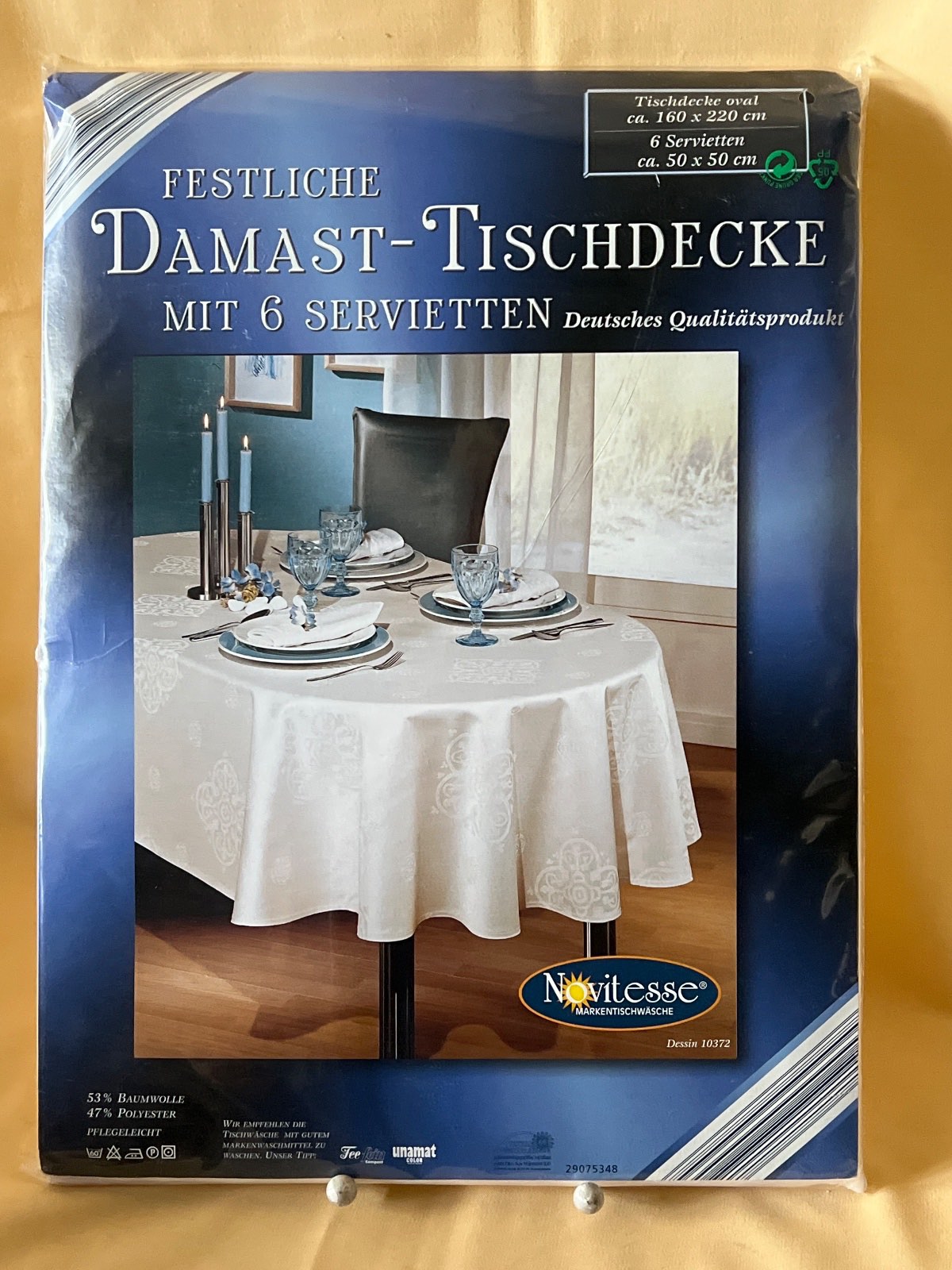 Novitesse Damast Tischdecke oval 160x220 cm + 6 Servietten weiß NEU
