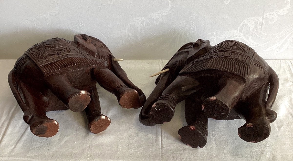 2x Holzelefant Figur handgeschnitzt Skulptur Asien Vintage Deko Paar Höhe 26 cm