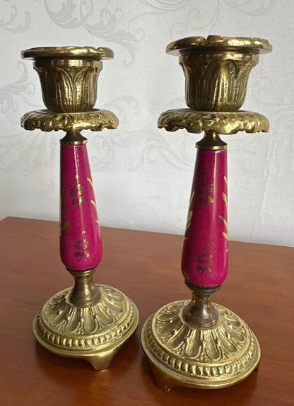 2 Kerzenleuchter Messing Porzellan Rokoko-Stil handgemalt Golddekor 16,5 cm