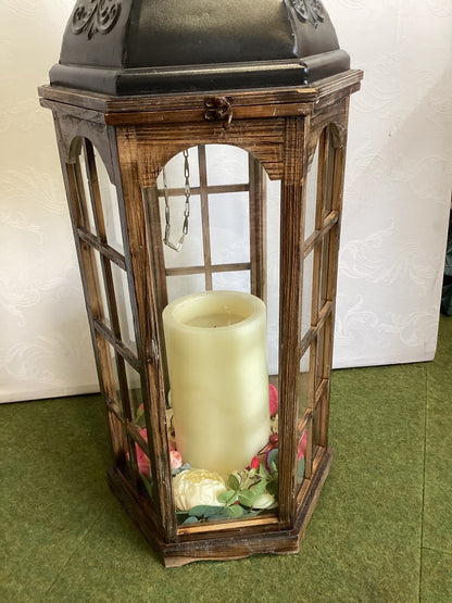 Große Deko-Laterne Holz Metall schwarz Vintage Kerzenlaterne Windlicht Blumen 1m