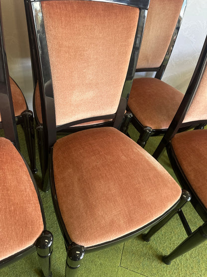 Esstisch rund Wurzelholz + 6 Stühle schwarz Velours rosa Esszimmer-Set