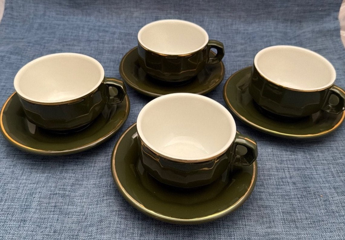 Pillivuyt France Kaffeetassen Set 4 Tassen + 4 Untertassen Porzellan Grün Gold