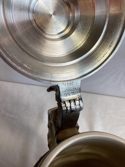 Antiker Bierkrug Keramik Zinndeckel Jagdmotiv Auerhahn Kuckuck Hase Relief