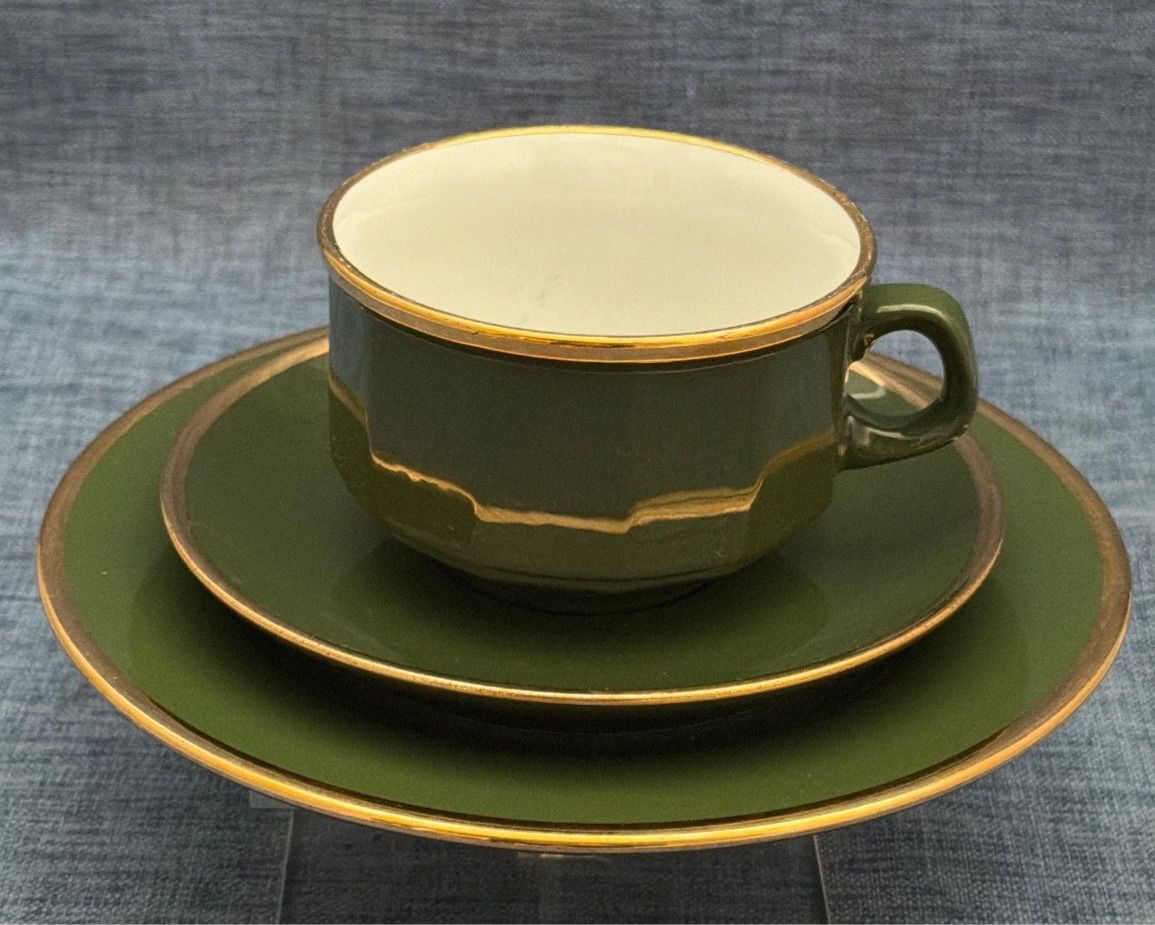Walküre Porzellan Bayreuth Kaffeegedeck Trio grün Gold Vintage SPM