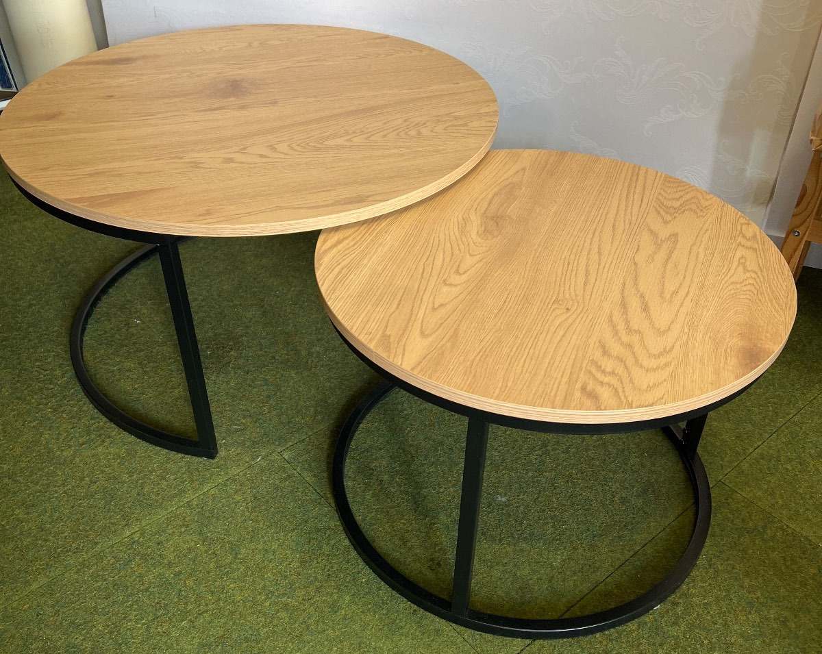 2er Set Couchtisch rund Holzwerkstoff Eichenfarbig, Metall, " Ciara"