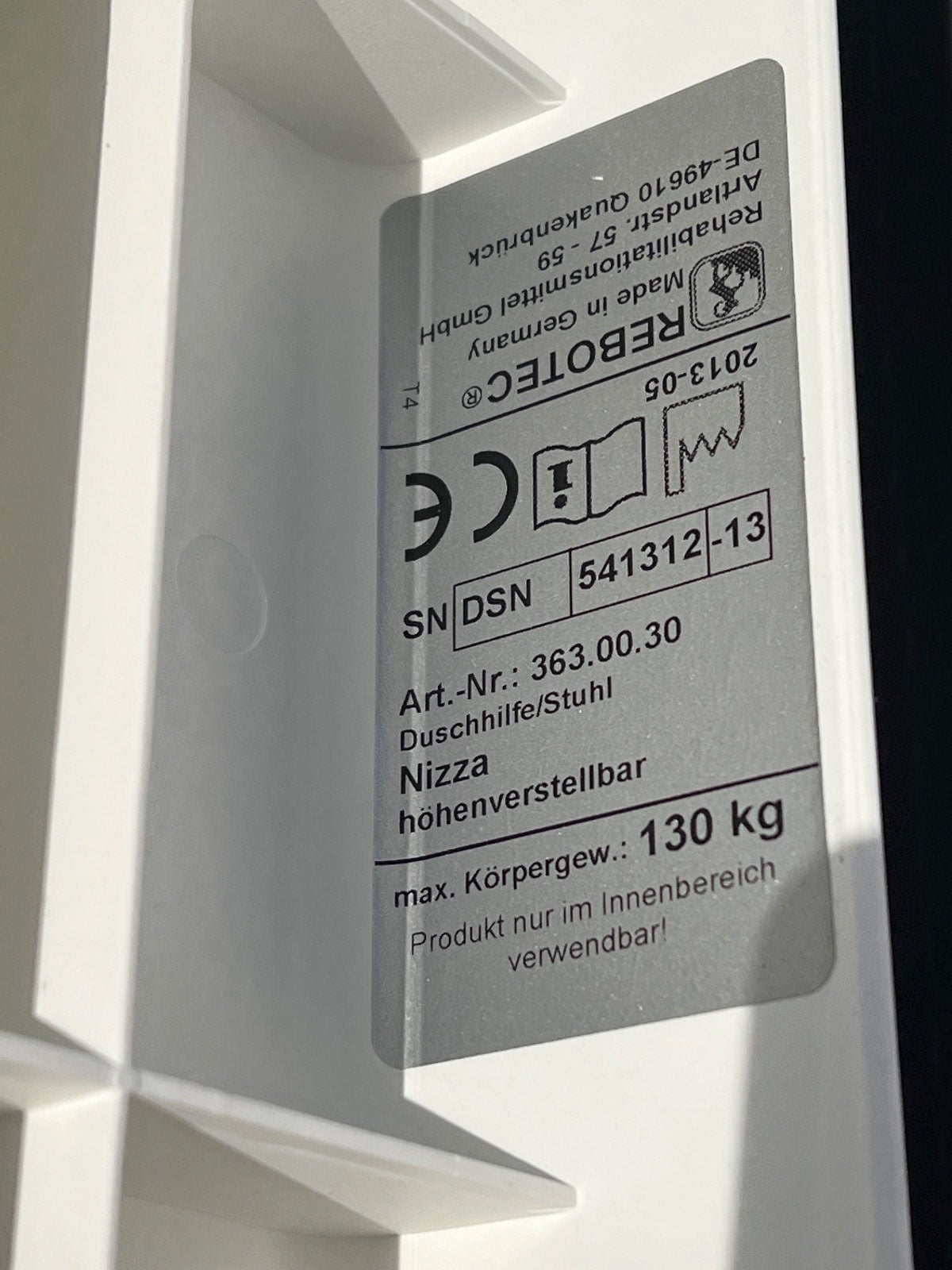 REBOTEC Nizza Duschstuhl Duschhilfe höhenverstellbar, bis 130kg, weiß