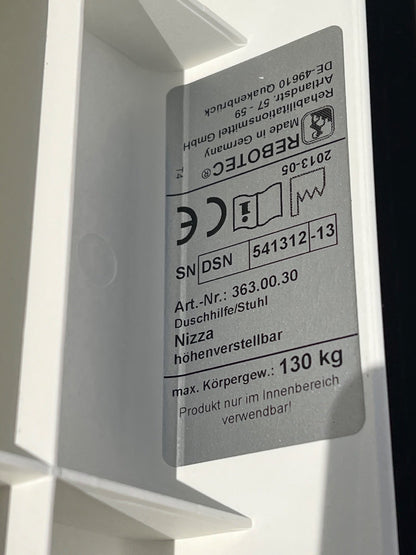 REBOTEC Nizza Duschstuhl Duschhilfe höhenverstellbar, bis 130kg, weiß