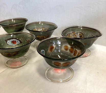 6x Eisschalen Dessertschalen Glas Fuß Murrine Dekor grün bunt Vintage Set