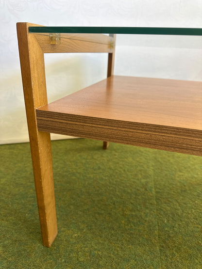 Beistelltisch Holz Teak+Glas 2 Ebenen Wohnzimmertisch Mid Century