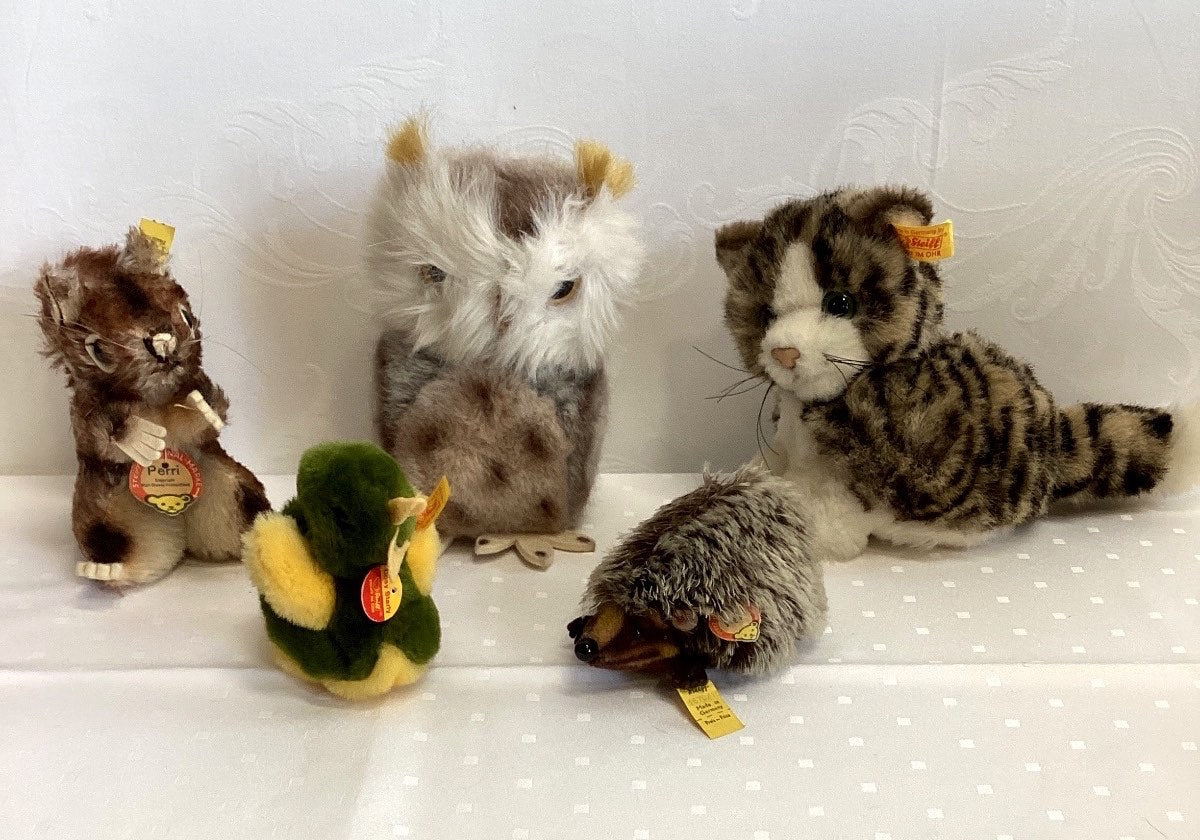 Steiff Konvolut 5 Tiere Perri Eichhörnchen Eule Katze Igel Vogel Ente
