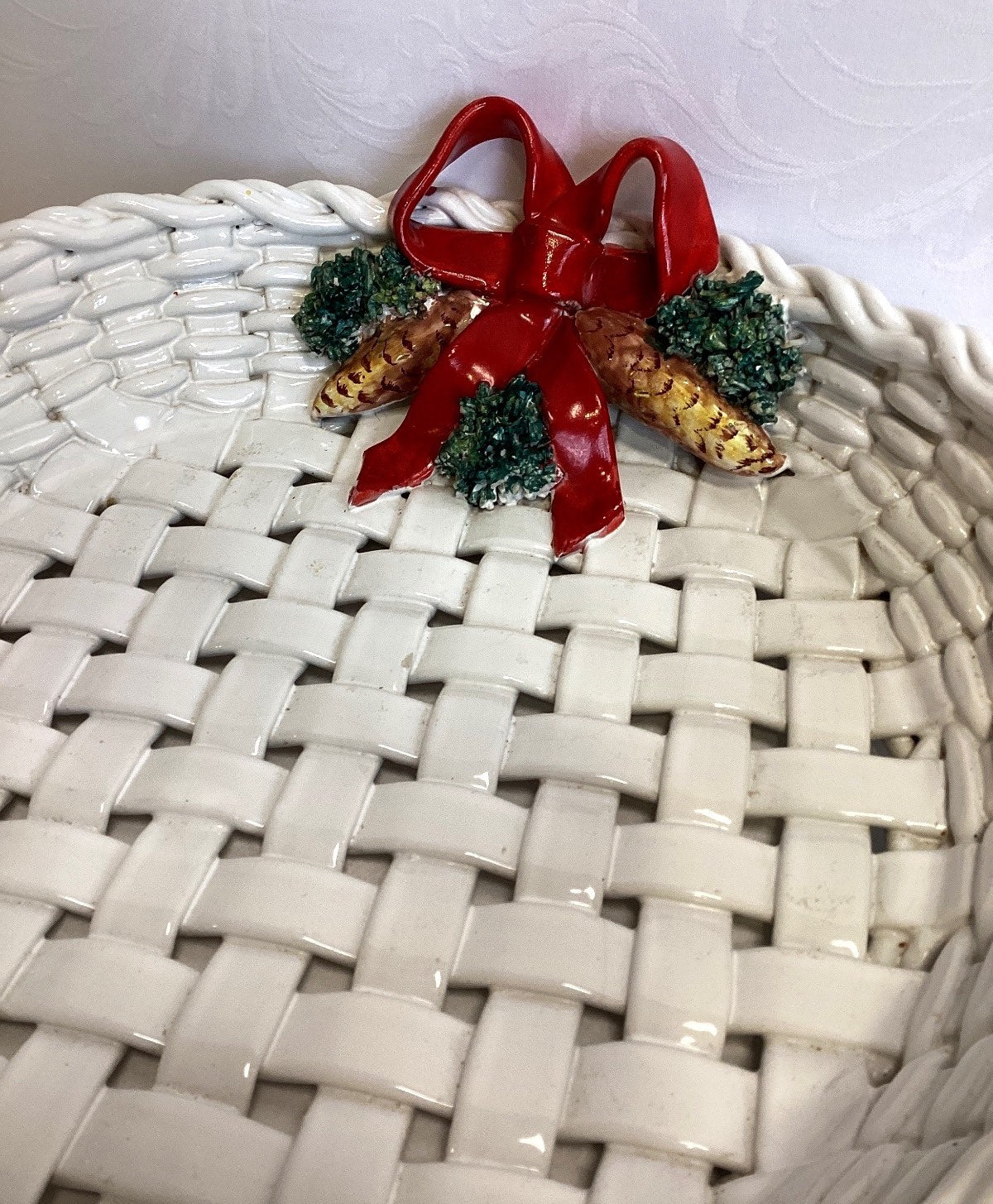 Keramik Korb Schale Weihnachten Italy Flechtoptik Tannenzapfen Schleife ø 37 cm