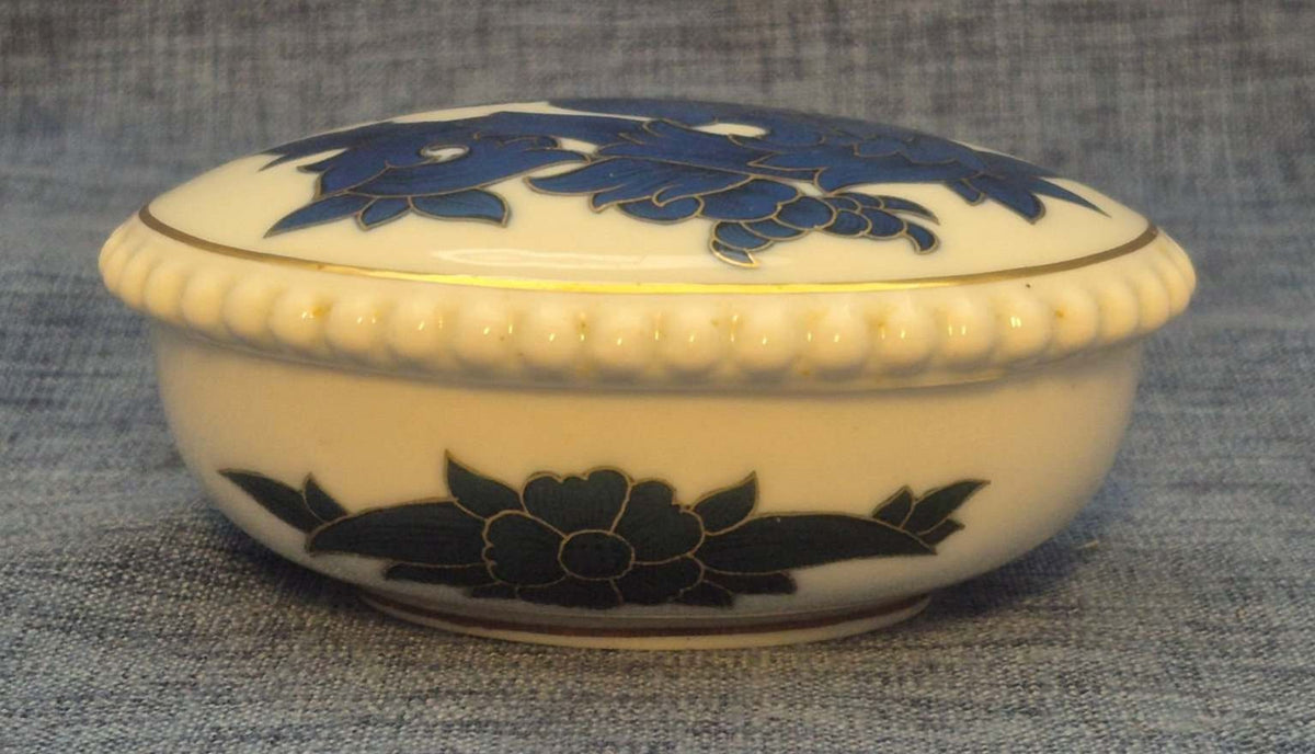 Rosenthal Bavaria Porzellan Deckeldose oval Drache in Blau und Gold Antik