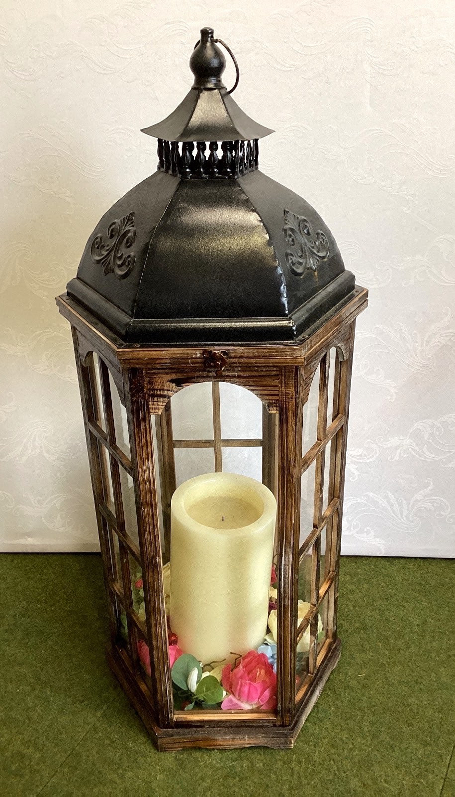 Große Deko-Laterne Holz Metall schwarz Vintage Kerzenlaterne Windlicht Blumen 1m