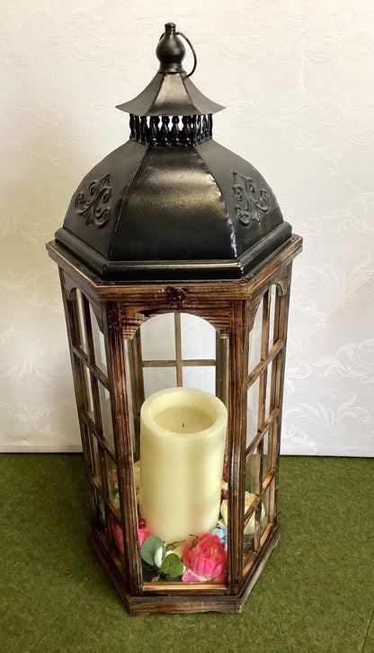 Große Deko-Laterne Holz Metall schwarz Vintage Kerzenlaterne Windlicht Blumen 1m