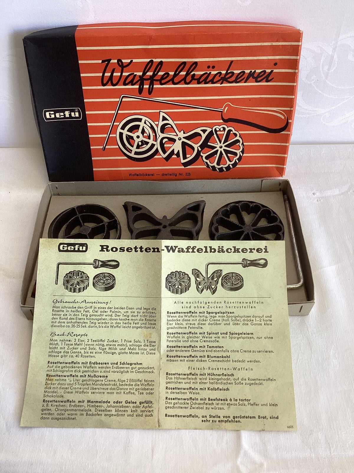 Gefu Waffelbäckerei Rosetten-Waffeleisen Set Nr.225 dreiteilig Vintage OVP