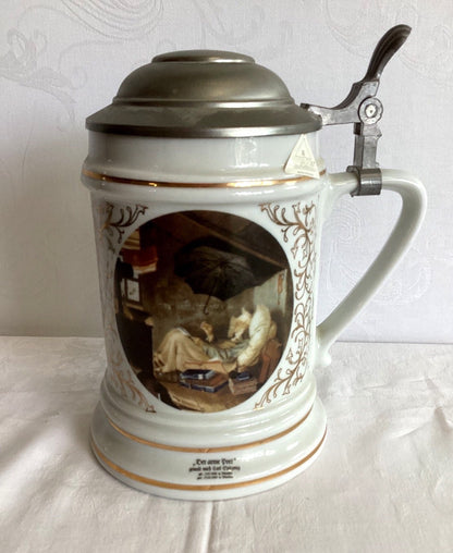 WMF La Galleria Bierkrug Porzellan Zinndeckel Der arme Poet Carl Spitzweg German