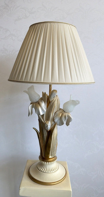 Tischlampe Iris Blüten Keramik Gips creme gold Landhaus Shabby Vintage