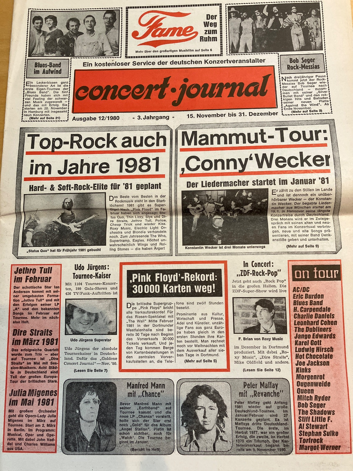 Concert Journal 12/1980 Pink Floyd The Wall Tour Dortmund Rarität Vintage