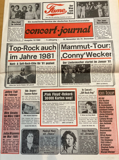 Concert Journal 12/1980 Pink Floyd The Wall Tour Dortmund Rarität Vintage