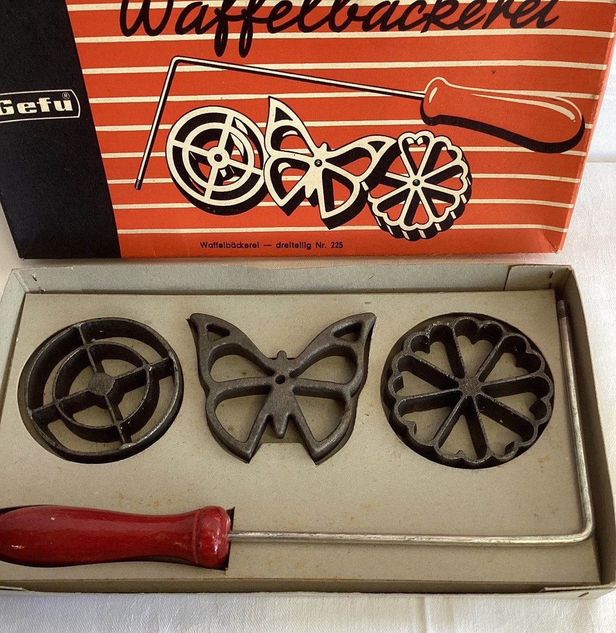 Gefu Waffelbäckerei Rosetten-Waffeleisen Set Nr.225 dreiteilig Vintage OVP