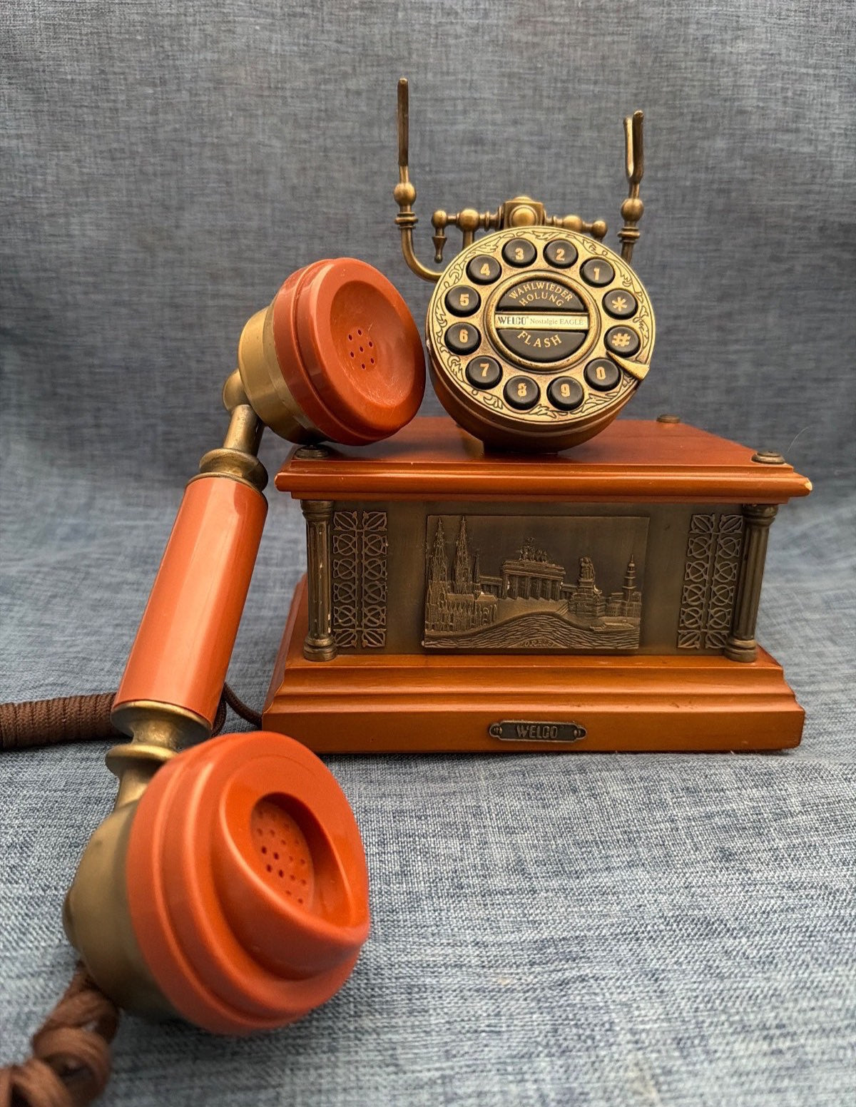 Welco "Nostalgie Eagle" Telefon Holz Messing  Tischtelefon Germany Retro