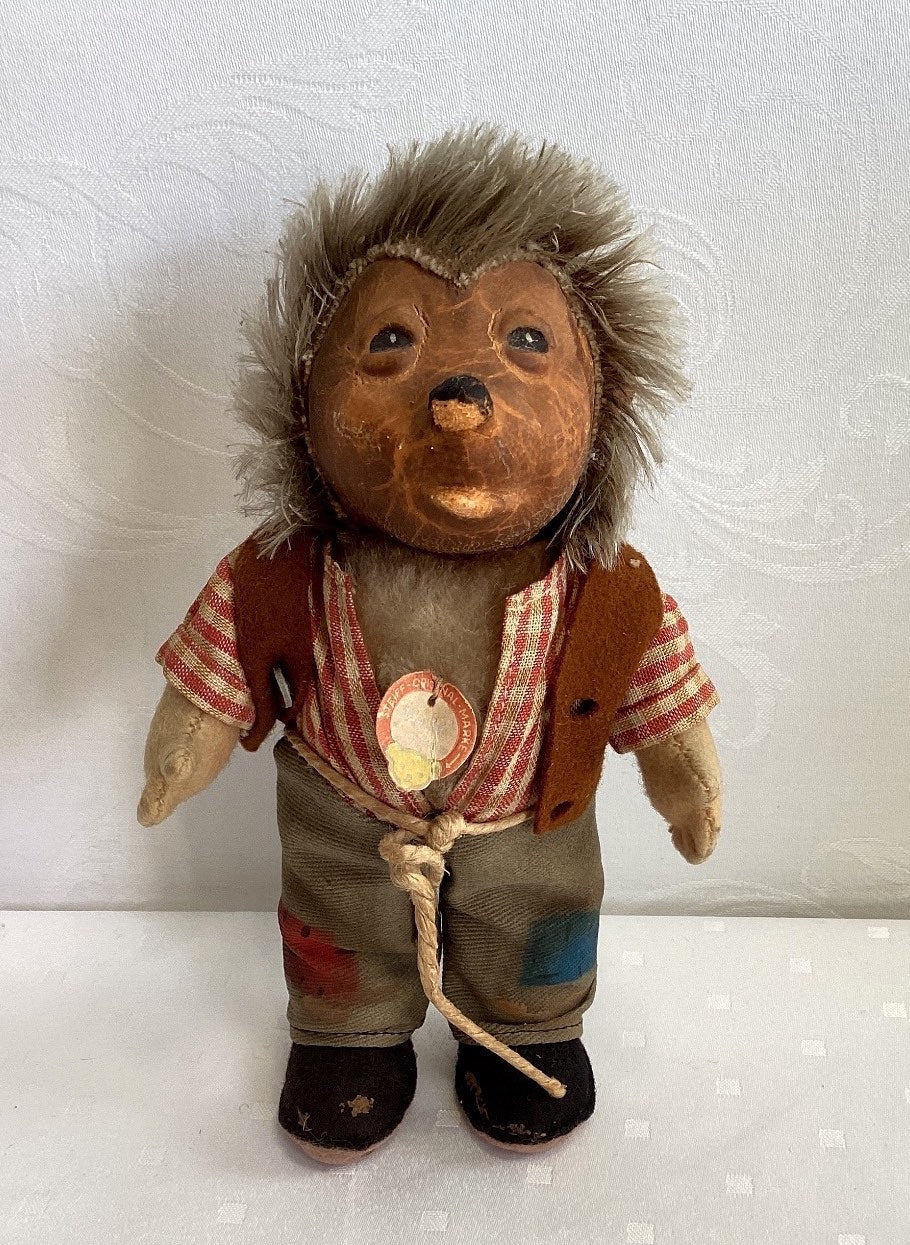 Mecki Igel Stofftier Puppe Igelmann mit Etikett Sammlerstück 50er 60er Höhe 17cm